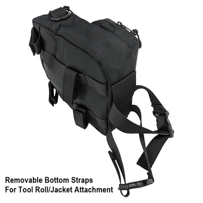 A black TC Bros. Motorcycle Handlebar Bag with TC Bros. logo, featuring removable bottom straps for toolless attachment, perfect for carrying riding essentials.