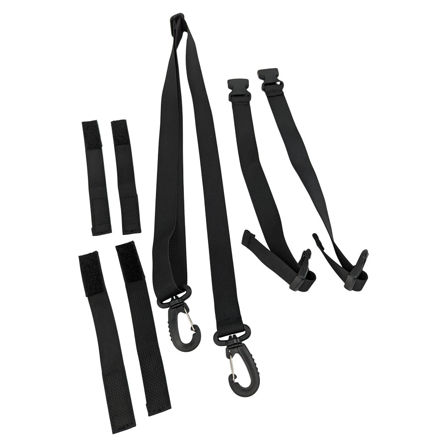 A set of black straps with hooks, perfect for securing your TC Bros. Motorcycle Handlebar Bag and TC Bros.'s riding essentials.