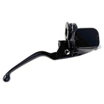 A front brake master assembly by Moto IronĀ® designed for Harley 1996-2017 models, featuring a black curved handle and an attached reservoir compatible with OEM Master systems, including mounting components for single disc applications.