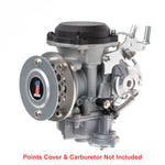 A close-up of a motorcycle engine showcases a Sportster points cover with a red and black emblem. Shiny chrome parts reflect light, highlighting Pangor Cycles' Cheap Sucker Bird Catcher/Air Cleaner for Harley-Davidson Carburetors, against a blurred background for sleek focus.