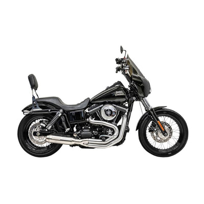 A black Bassani motorcycle with a Road Rage III 2 into1 Stainless Exhaust "Super Bike" Muffler for 1991-2017 Dyna on a white background.
