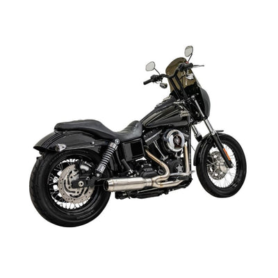 A black Bassani Dyna motorcycle parked on a white background with the Road Rage III 2 into1 Stainless Exhaust "Super Bike" Muffler for 1991-2017 Dyna.