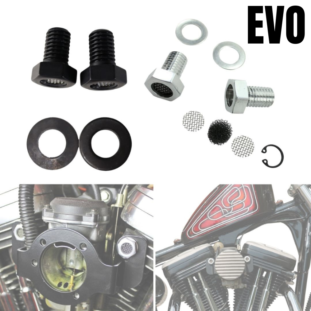 Harley-Davidson aftermarket carburetor filter kit with TC Bros Breather Bolts For 1991-2022 Sportster & EVO Big Twin for improved crankcase venting.