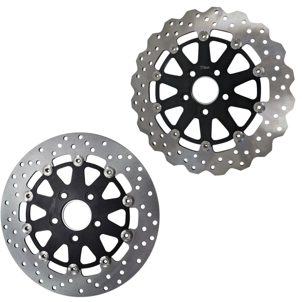Two TC Bros. motorcycle brake rotors are shown: one is a 12.6" oversized rear floating rotor with a wavy edge for 2000-Up Harley-Davidson wheels, and the other has a smooth circular edge.