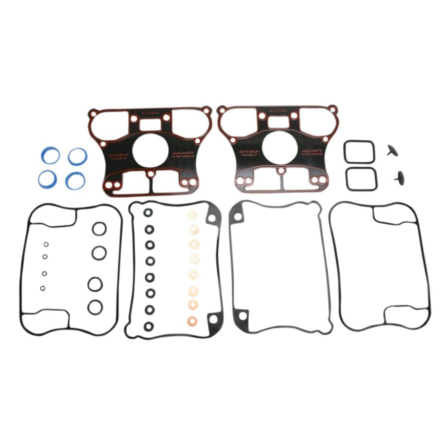 A set of gaskets, including the 1991-2003 Harley Davidson Sportster Rocker Cover Gasket Kit by James Gaskets, for a car engine that may have a leak.
