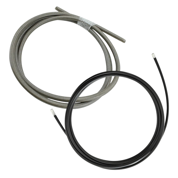 Two Moto IronĀ® Universal Cut-To-Length Brake Lines, one in stainless steel finish and one in black, both with exposed ends, shown on a white backgroundāideal for hydraulic brake systems.