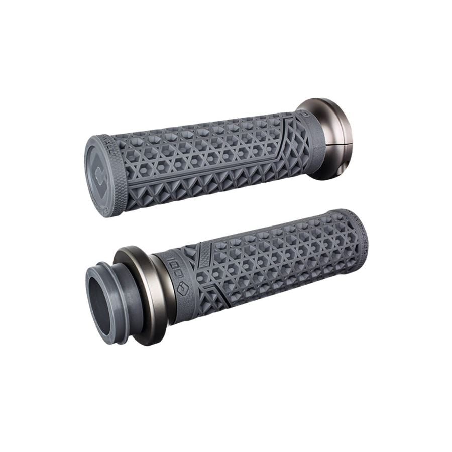 A pair of ODI Lock-On V-Twin Grips For Harley - Throttle By Wire - Graphite/Gunmetal on a white background.