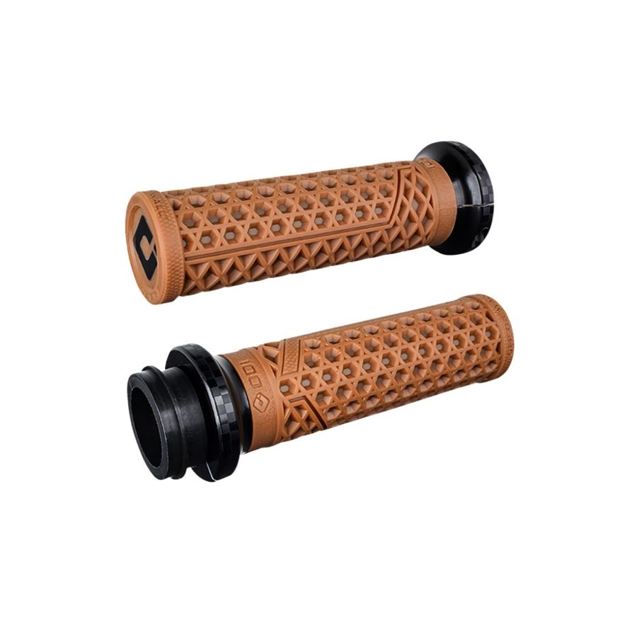 A pair of brown and black ODI Lock-On V-Twin Grips For Harley - Throttle By Wire - Gum/Black on a white background.