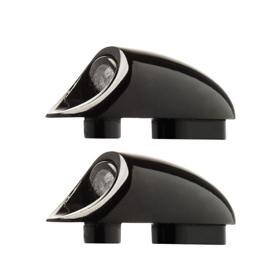 A pair of Kodlin - Black 3-in-1 Mini Fender Strut Turn Signals - M8 Harley (see fitment) on a white background.
