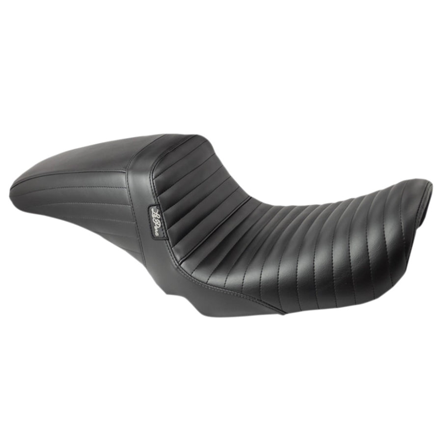 A Le Pera Kickflip Seat - Pleated - Black - FXD '96-'03 motorcycle seat on a white background.