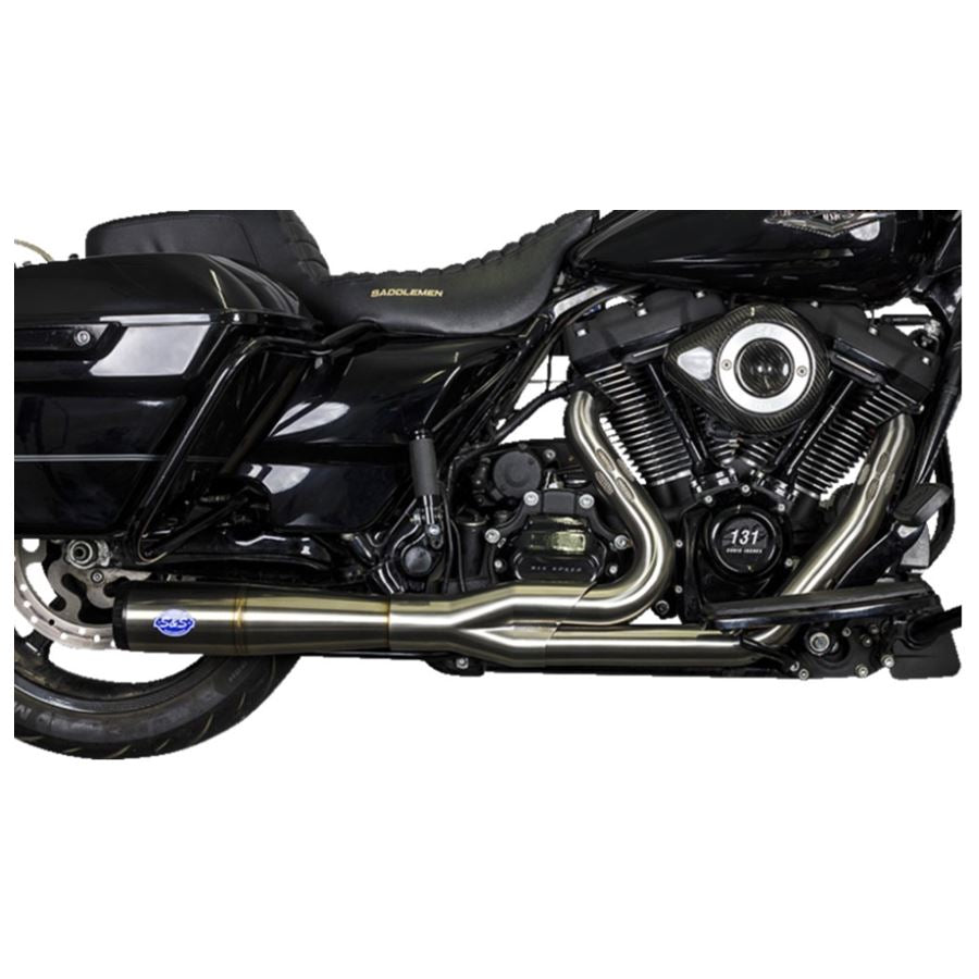 A black motorcycle with an S&S Cycle Diamondback 2-1 Exhaust System.