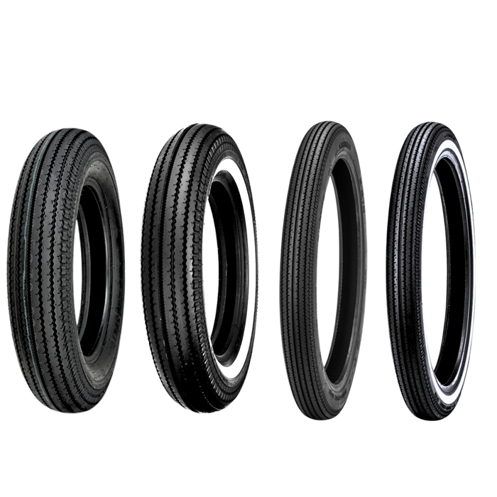 Four vintage-style car tires, including the Shinko 270 Super Classic Tire by Shinko, are displayed upright in a row on a white background, each with unique tread patterns and some featuring classic white sidewalls.