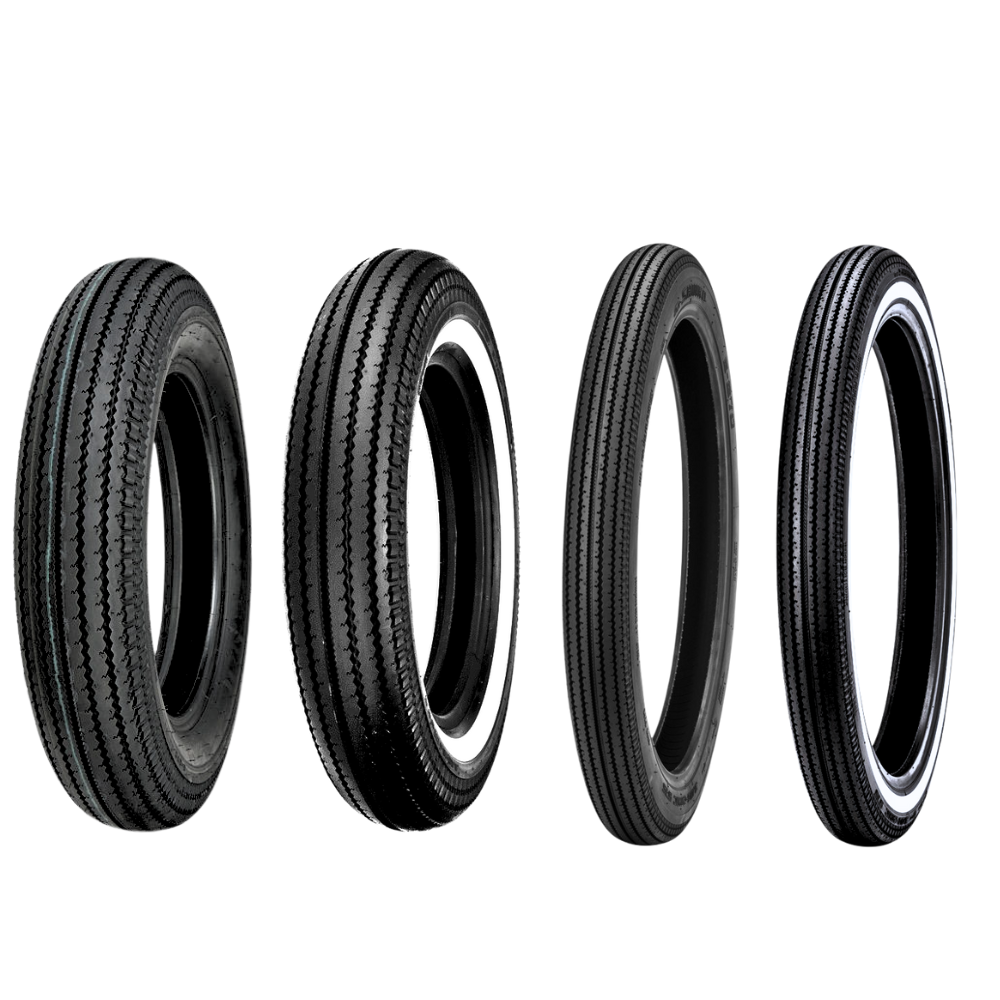 Four vintage-style car tires, including the Shinko 270 Super Classic Tire by Shinko, are displayed upright in a row on a white background, each with unique tread patterns and some featuring classic white sidewalls.