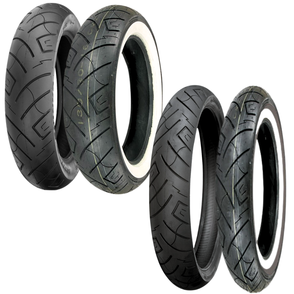 The Shinko SR 777 Tire, a 100/90-19 front tire by Shinko, showcases a classic tread and bold whitewall stripe, standing upright against a white background.