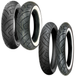 The Shinko SR 777 Tire, a 100/90-19 front tire by Shinko, showcases a classic tread and bold whitewall stripe, standing upright against a white background.