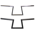 Two TC Bros. 1" Slant Z Handlebars—one chrome, one black—are shown parallel on a white background. Ideal for custom Harley or chopper upgrades, these quality bars are crafted by TC Bros.