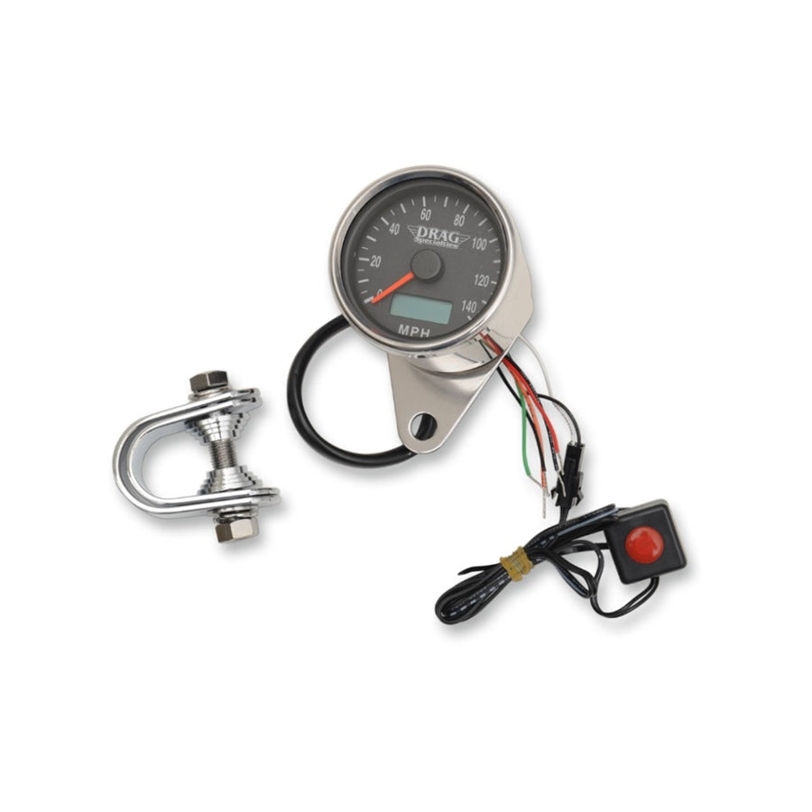 A Drag Specialties 2.4" MPH Programmable Mini Speedometer with Odometer - Black Face with a wire.