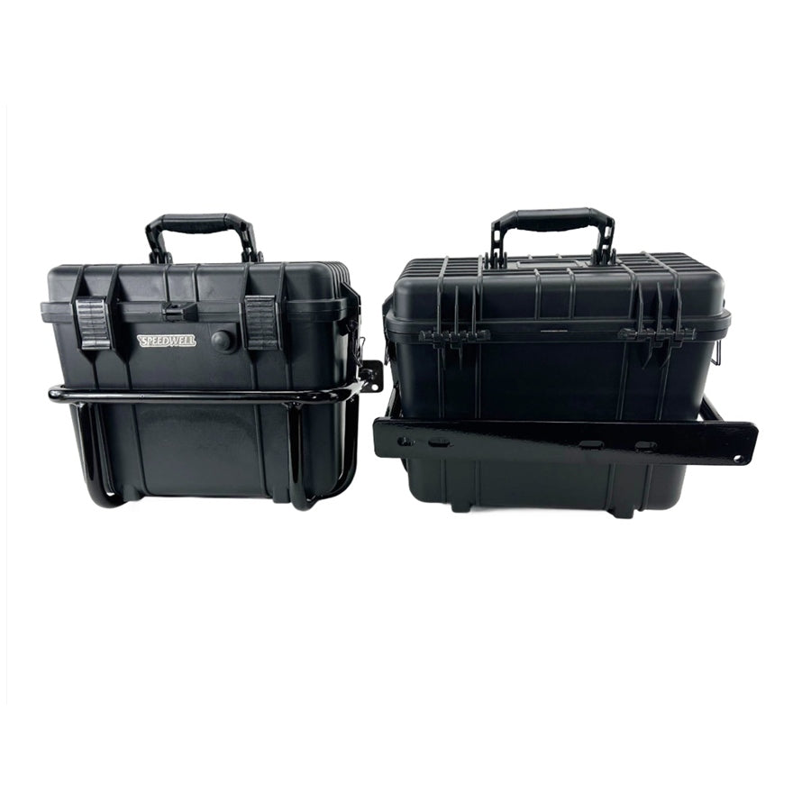 Two Speedwell Vigilante Saddlebags with sturdy handles and robust clasps, displayed against a plain white background.