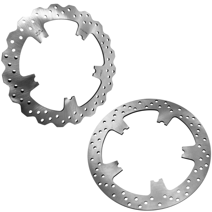 The TC Bros. 12.6″ Oversized Front Floating Brake Rotor for 2006-2017 Harley-Davidson Cast Wheels features a round, perforated metal design with multiple holes and cutouts, shown against a white background.