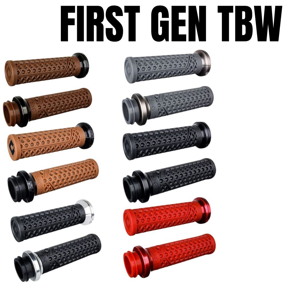 A selection of ODI Vans Lock-on Grips for Harley-Davidson First Generation Throttle-By-Wire motorcycles in brown, black, and red, featuring ODI grip technology and arranged in three columns.