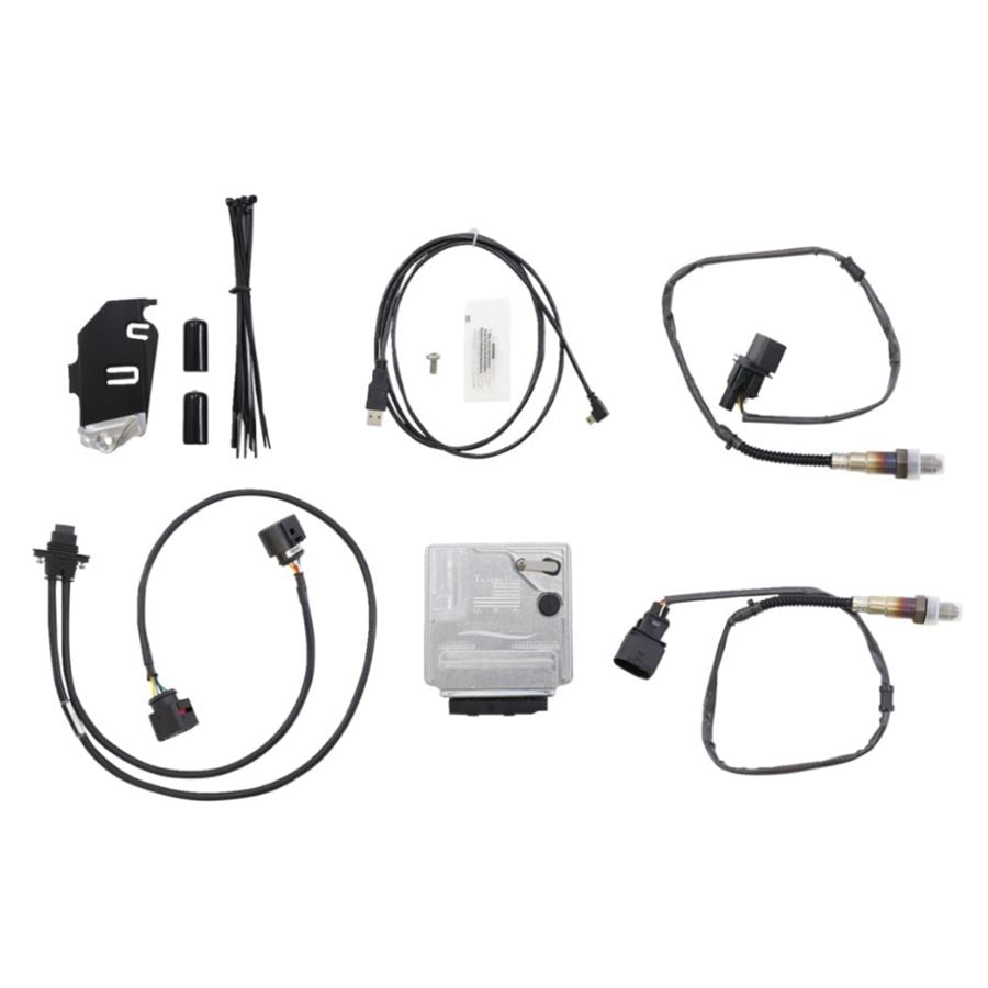 Motorcycle fuel management system with two connected oxygen sensors and integrated ThunderMax ECM with Integral Auto Tune System for Harley M8 Softail 21-24.