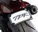 Rear view of a Sportster S motorcycle featuring the Two Bros. Fender Eliminator Kit with integrated license plate light, highlighting its stylish design and prominent "TBR" license plate letters.