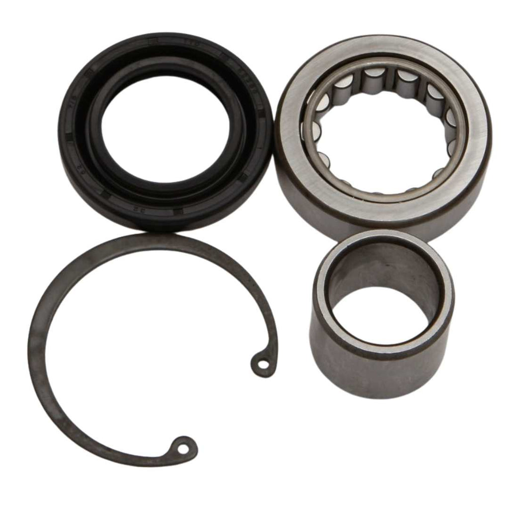 Various mechanical parts including All Balls inner primary bearing and seal kit for 08-17 FXD, 08-17 Big Twin, 17+ M8, and a retaining ring arranged on a white background.