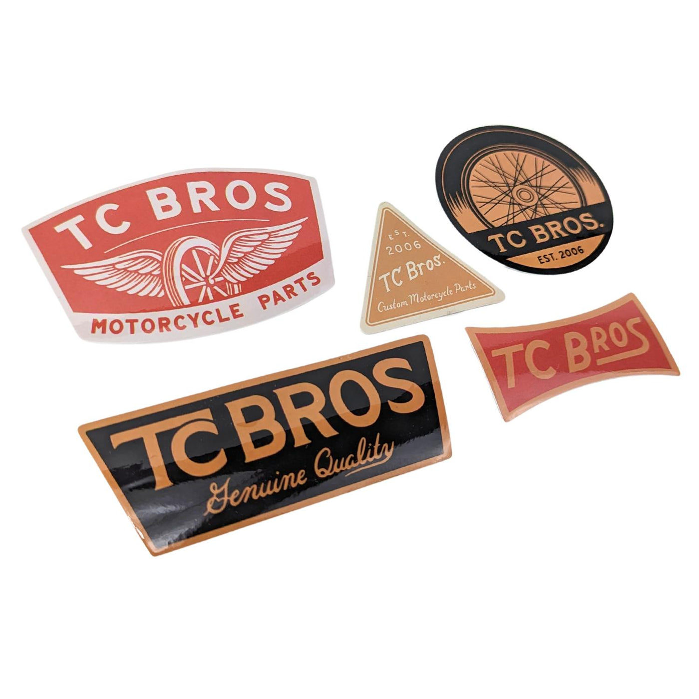 Collection of five TC Bros. Sticker 5 Pack - (Various Designs) including various designs in different shapes and colors, featuring red and black.
