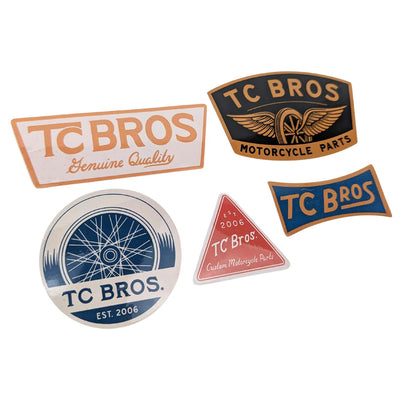 Collection of five TC Bros. Sticker 5 Pack - (Various Designs) including various designs in different shapes and colors, featuring red and black.