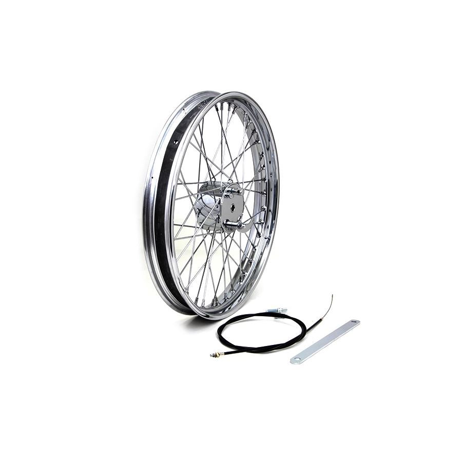 A Wyatt Gatling 21" Chopper Wheel with a wire, featuring the Mini Brake Drum and 3/4 inch Bearings.