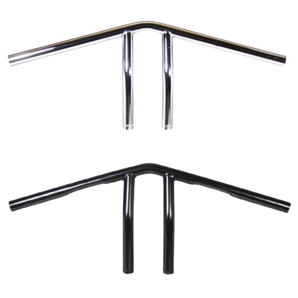 The TC Bros. 1" Whiskey Handlebar features a chrome finish with a raised center and two vertical grips, echoing classic Harley Davidson style, shown here against a white background.