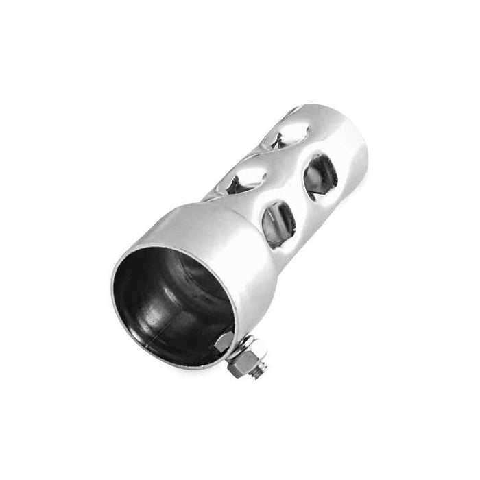 The Moto Iron® Drag Pipe Baffle, with a 1.5" diameter and perforated design, features large cutouts and a base clamp to effectively reduce noise and enhance your exhaust pipe&