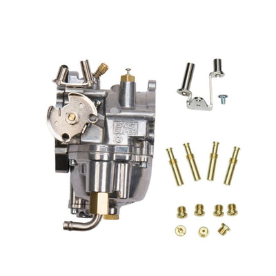 A S&S Cycle Super G Carburetor for Big Twin and Sportster Models motorcycles with bolts and nuts.