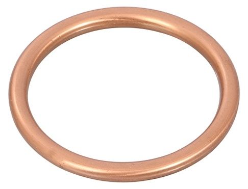 Chrome faucet handle with several James Gaskets Copper Exhaust Gaskets on a white background.