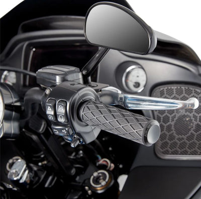 A close up of the Arlen Ness Fusion Diamond Grips in Black - Cable Throttle on a Black motorcycle.