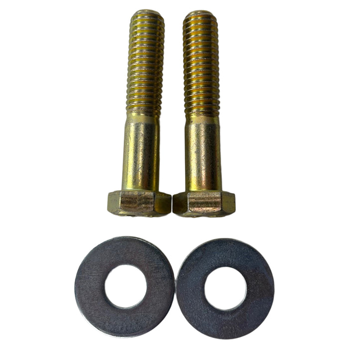 Two golden hexagon-head bolts and two round black washers from the TC Bros. Handlebar Riser Bolt Kit 1/2"-13 x 2-1/2" are arranged side by side on a white background.