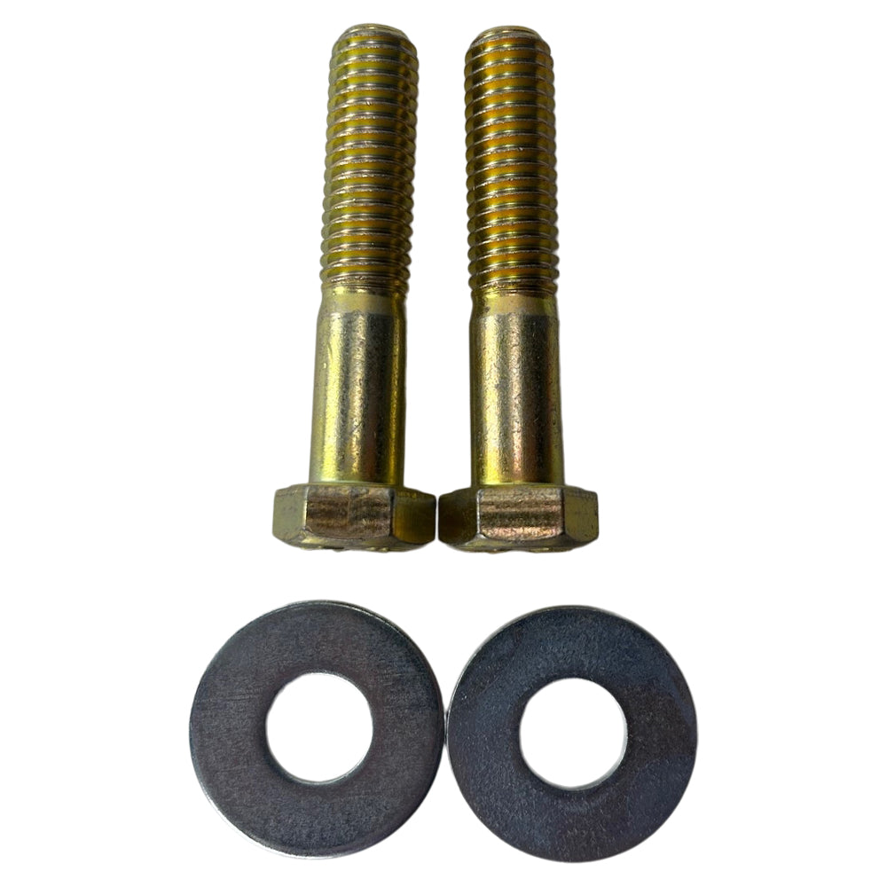Two golden hexagon-head bolts and two round black washers from the TC Bros. Handlebar Riser Bolt Kit 1/2"-13 x 2-1/2" are arranged side by side on a white background.
