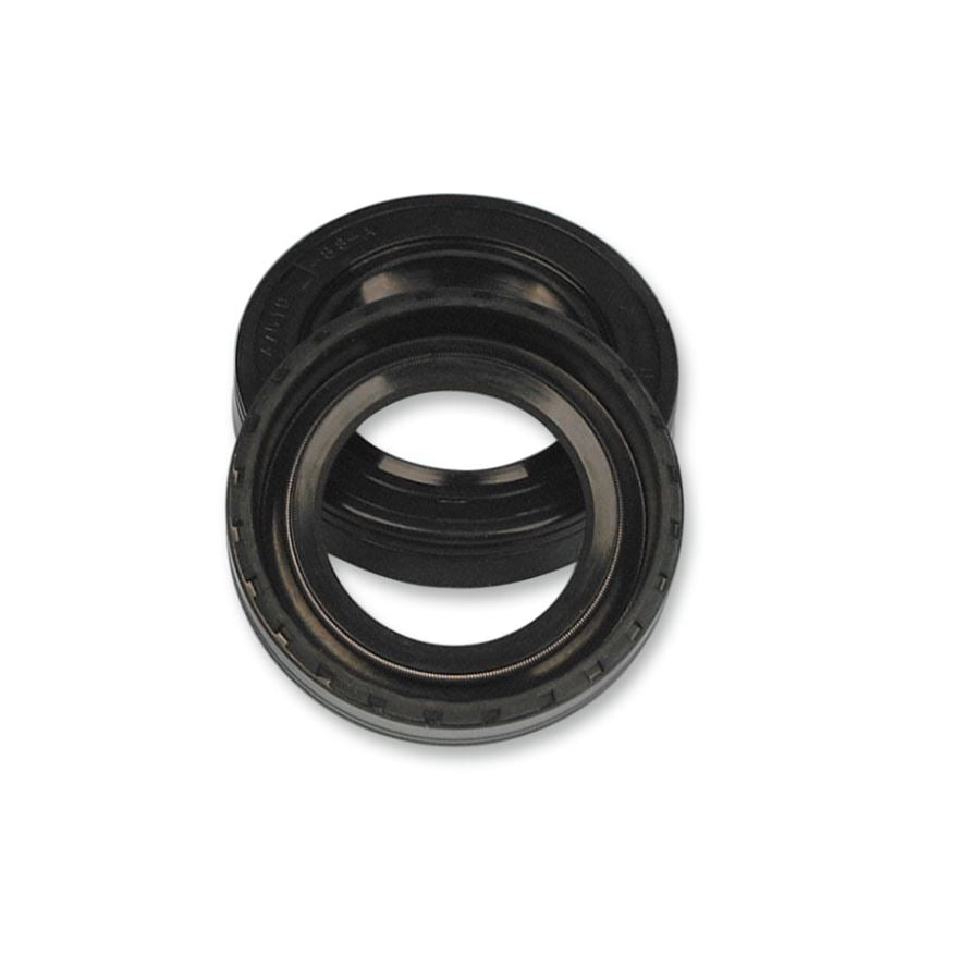 A pair of Front or Rear Wheel Bearing Oil Seals by James Gaskets on a white background, used for Wheel Bearing Oil Seals in Harley-Davidson Big Twin and Sportster Models.