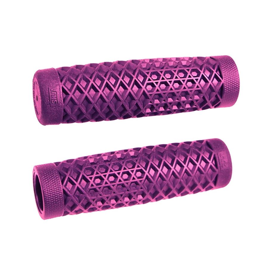A pair of purple ODI Cult Motorcycle Grips on a white background.