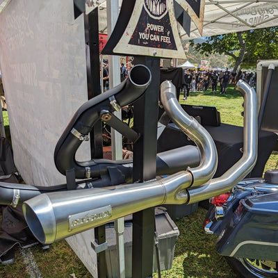 Harley-Davidson motorcycle show, showcasing the Bassani "The Ripper Road Rage 2-into-1 Stainless Exhaust 18-21 FXST, FXBB, FXLR, FXLRS, FLSL & FXFBS" exhaust system and Softail exhaust systems.