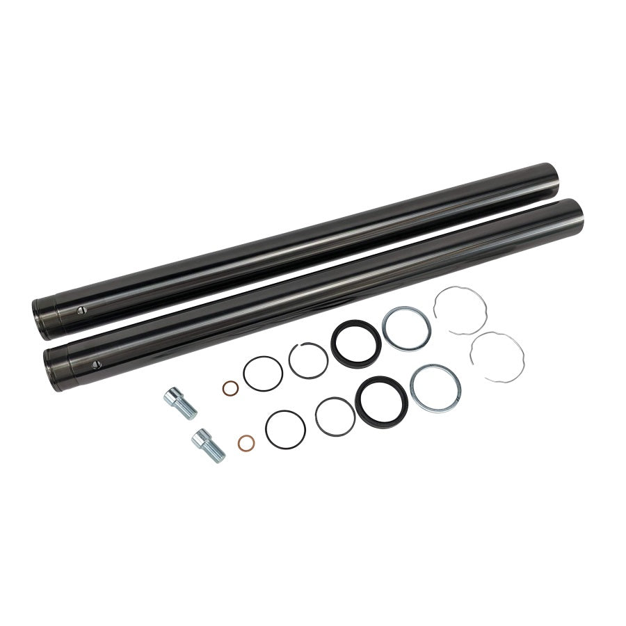 A set of black DLC Coated Fork Tubes "Stock Length" 49mm for 2018-UP M8 Softail hoses and seals on a white background. (Brand: TC Bros.)