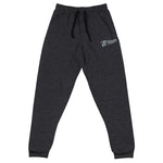 Dark gray Script Joggers with a drawstring and cuffed ankles, featuring a logo on the left thigh, made from cotton polyester fleece by TC Bros.