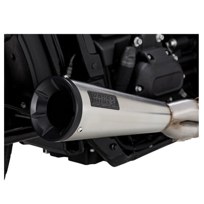 A black motorcycle with a Vance & Hines Stainless Steel 2-into-1 Upsweep M8 soft tail exhaust on a white background.