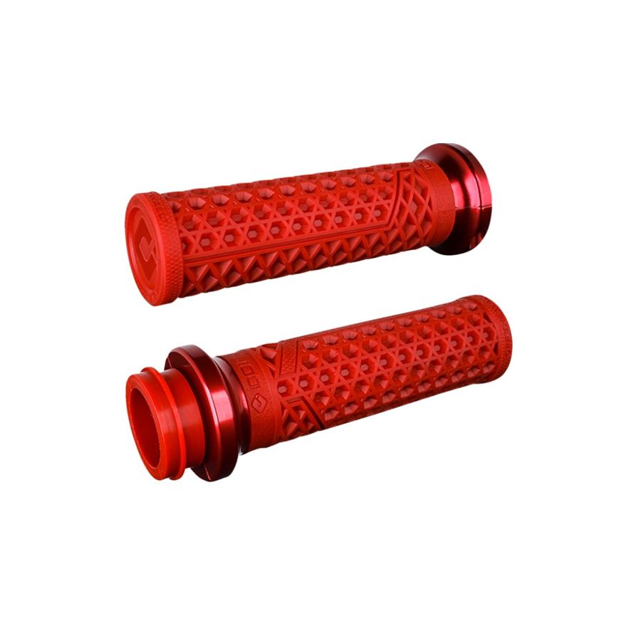 A pair of red Vans Lock-On V-Twin Grips For Harley - Throttle By Wire - Red by ODI on a white background.
