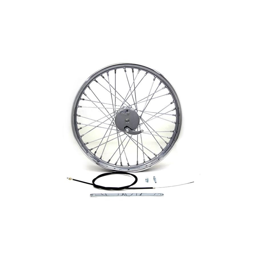 A Wyatt Gatling 21" Chopper Wheel - Mini Brake Drum - 3/4 inch Bearings with spokes and a brake drum on a white background.