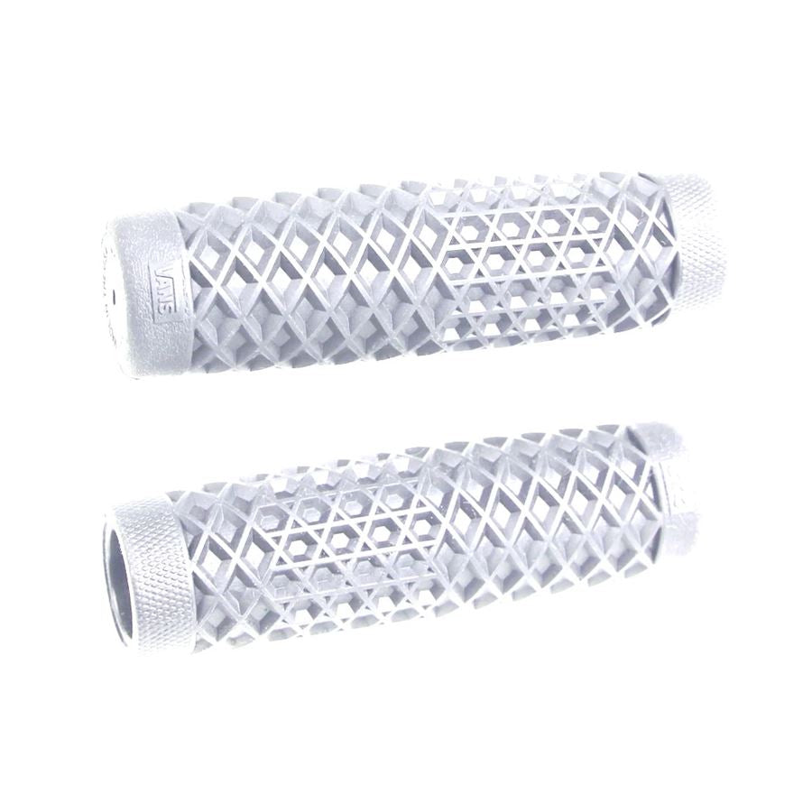 A pair of Vans + Cult Motorcycle Grips - 7/8" White on a white background. (Product: Vans + Cult Motorcycle Grips - 7/8" White; Brand: ODI)