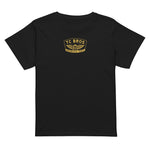 Black ultra soft Women’s high-waisted t-shirt with a small TC Bros. Winged Wheel logo on the chest, printed on demand.