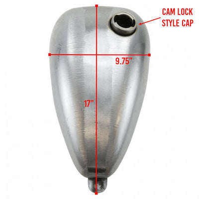 A picture of a Moto Iron® 2.1 Gal. Narrow Alien Chopper Gas Tank with measurements and universal mounting tabs.