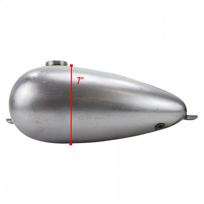 A silver Moto Iron® 2.1 Gal. Narrow Alien Chopper Gas Tank with measurements for a custom chopper or bobber, featuring universal mounting tabs.