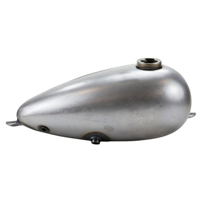 A silver Moto Iron® motorcycle tank with universal mounting tabs on a white background.